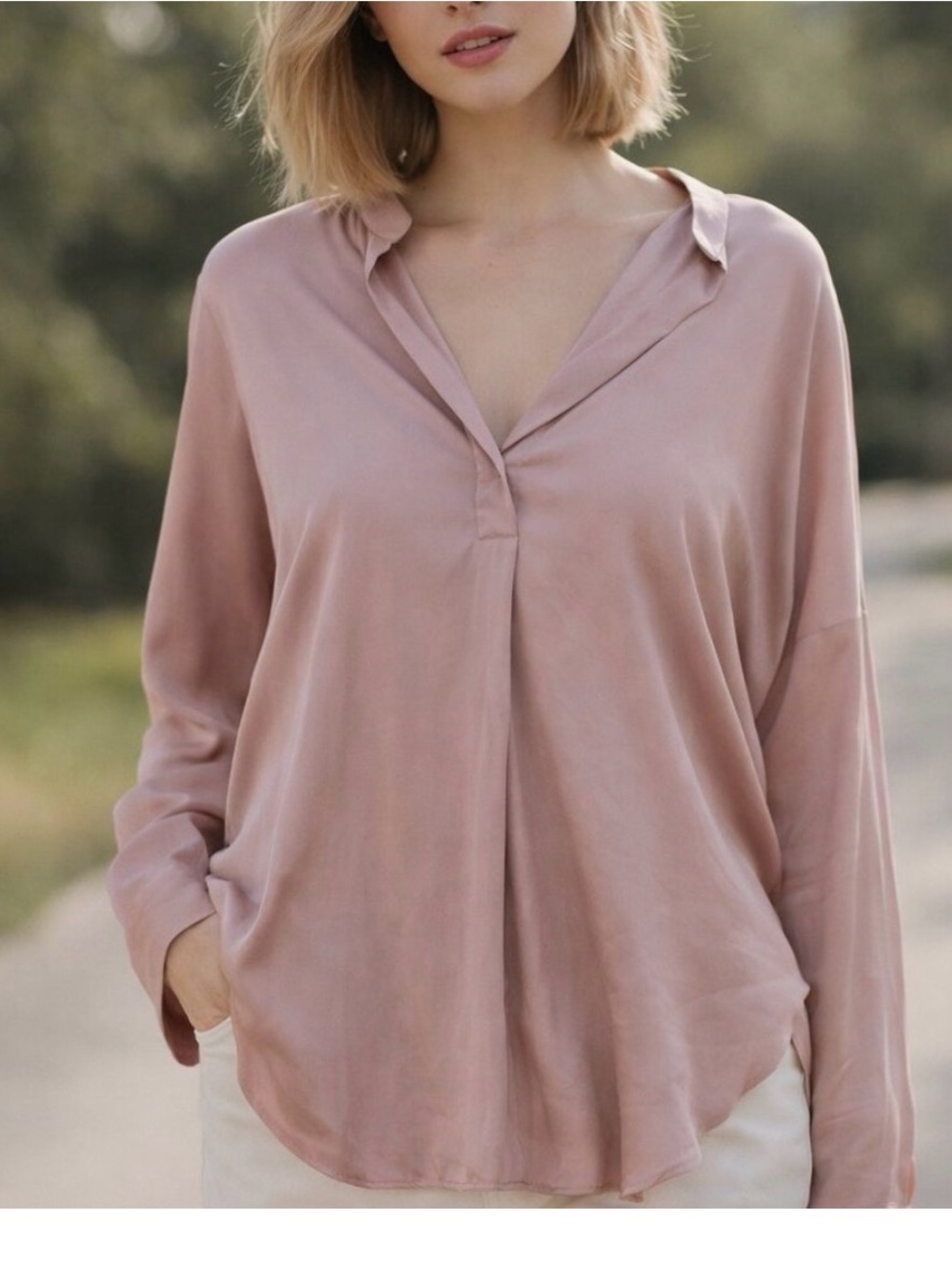 Vince Dusty Blush Pink V-Neck Long Sleeve Blouse